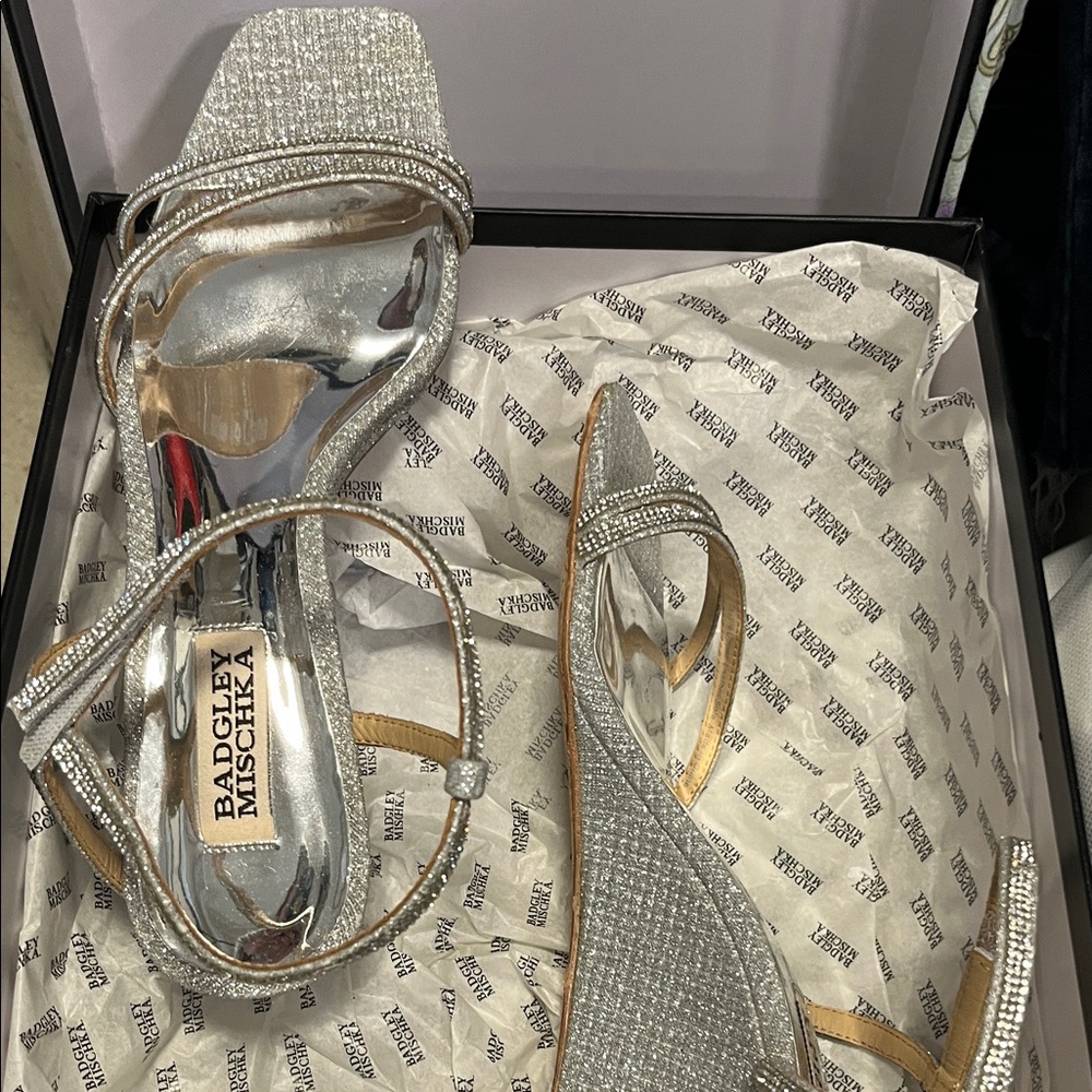 Badgley Mischka Silver Crystal Slingback Heels